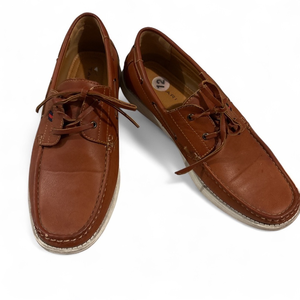 Tahari Men’s Brown Leather Boat Shoes Size 12 Moc Toe Stripe Casual Loafers